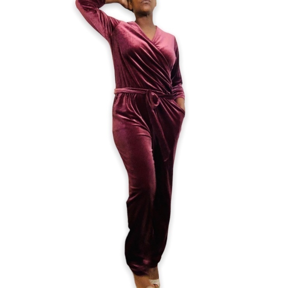 Velvet Wrap-Front Jumpsuit - Burgundy